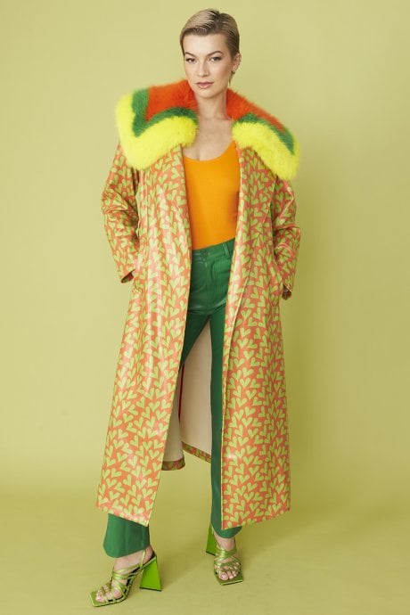 JAYLEY Orange And Green Love Heart Trench Coat With Oversized Faux Fur Collar