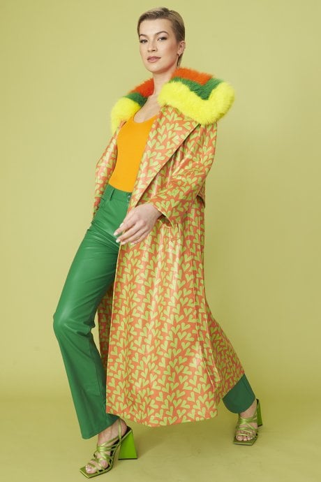 JAYLEY Orange and Green Love Heart Trench Coat with Oversized Faux Fur Collar