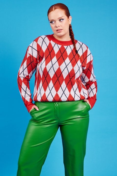 JAYLEY Orange And Grey Argyle Jumper