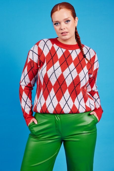 JAYLEY Orange And Grey Argyle Jumper