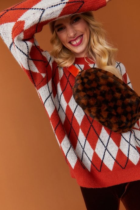 JAYLEY Orange And Grey Argyle Jumper