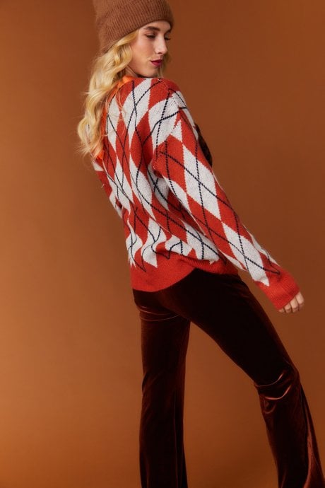 JAYLEY Orange And Grey Argyle Jumper