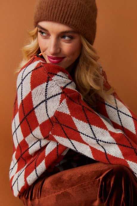 JAYLEY Orange And Grey Argyle Jumper