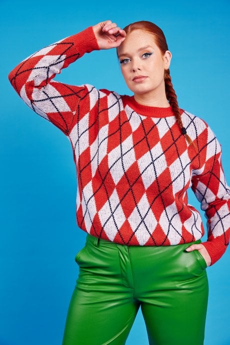 JAYLEY Orange and grey Argyle Jumper