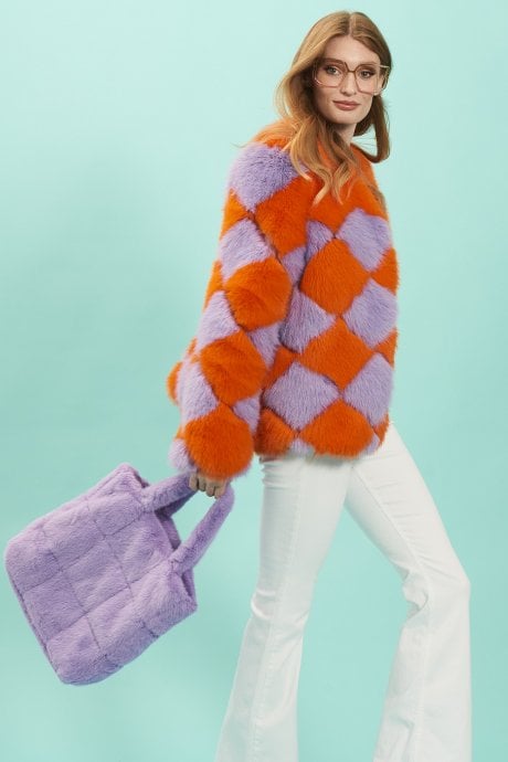 JAYLEY Orange And Purple Delilah Diamond Faux Fur Jacket