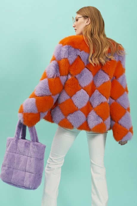 JAYLEY Orange And Purple Delilah Diamond Faux Fur Jacket