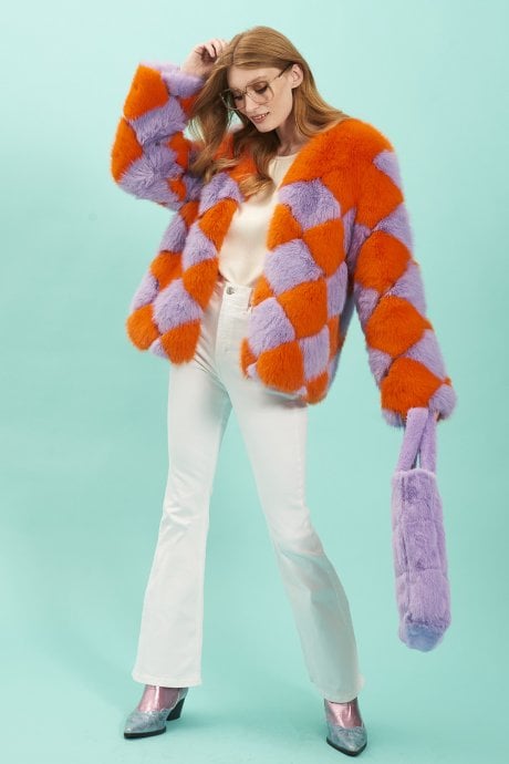 JAYLEY Orange and Purple Delilah Diamond Faux Fur Jacket