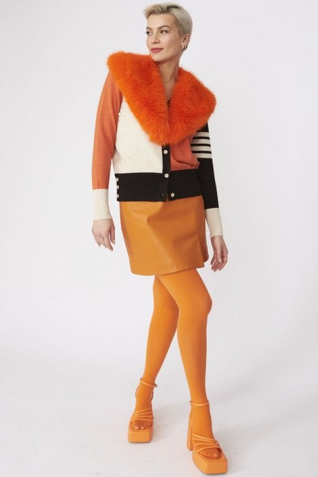 JAYLEY Orange Banana Peel Cardigan With Faux Fur Collar