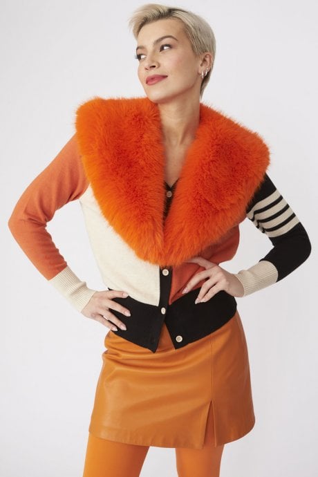 JAYLEY Orange Banana Peel Cardigan with Faux Fur Collar