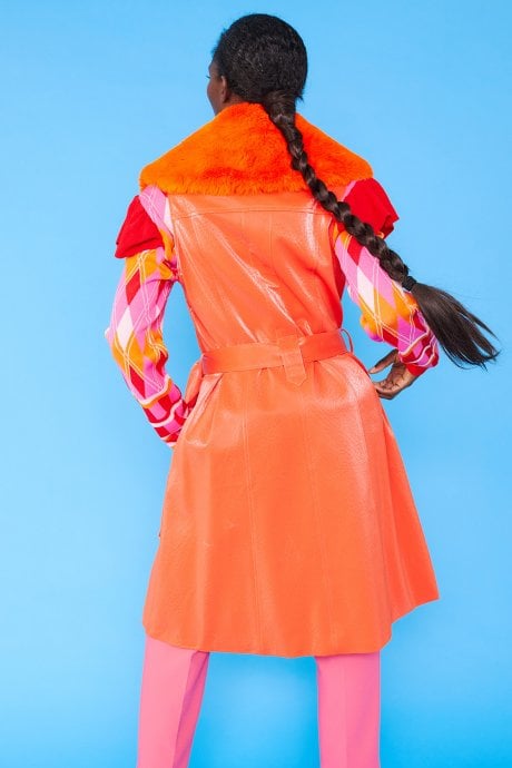 JAYLEY Orange Banana Peel Midi Gilet | Waistcoat Faux Fur Collar