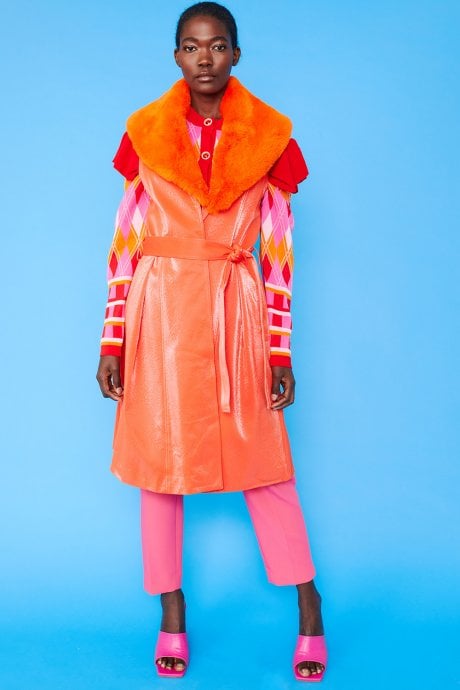 JAYLEY Orange Banana Peel Midi Gilet | Waistcoat Faux Fur Collar