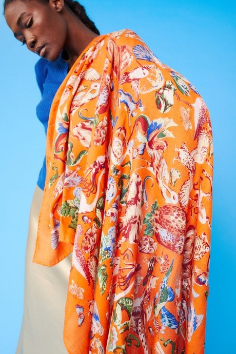 JAYLEY Orange Cashmere Blend Hand Painted Print Wrap
