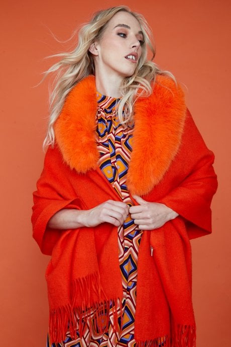 JAYLEY Orange Cashmere Wrap With Faux Fur Trim And Tassels