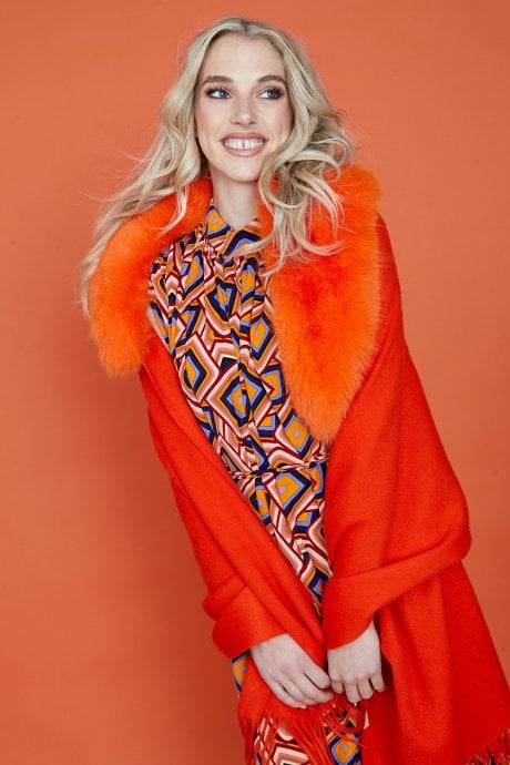JAYLEY Orange Cashmere Wrap With Faux Fur Trim And Tassels
