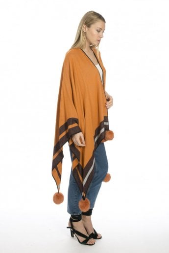 JAYLEY Orange Cashmere Wrap With Pom Pom Finish