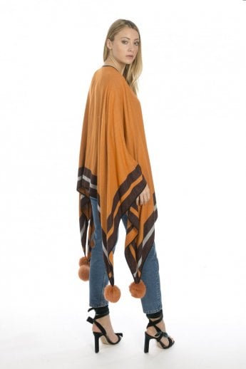 JAYLEY Orange Cashmere Wrap With Pom Pom Finish