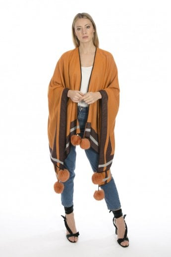 JAYLEY Orange Cashmere Wrap with Pom Pom finish