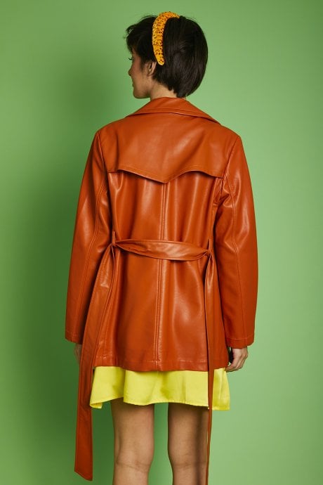 JAYLEY Orange Eco Leather Midi Trench Coat