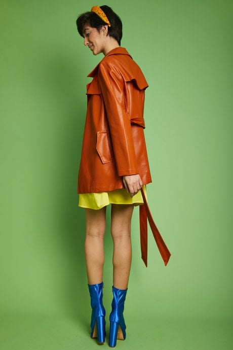 JAYLEY Orange Eco Leather Midi Trench Coat