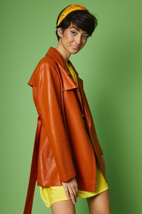 JAYLEY Orange Eco Leather Midi Trench Coat