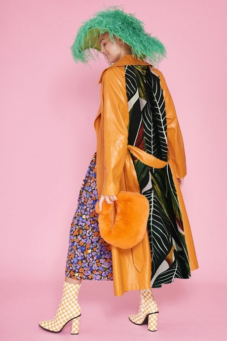 JAYLEY Orange Eco Leather Trench Coat with Botanical Print Panel
