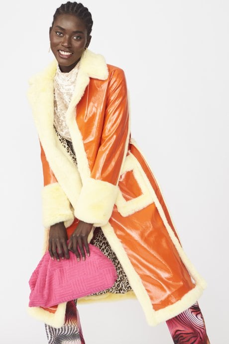 JAYLEY Orange Faux Fur And Faux Suede Trench Coat