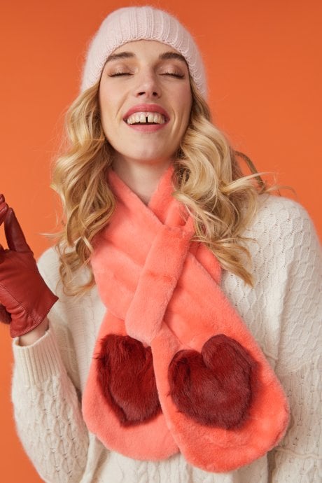 JAYLEY Orange Faux Fur Scarf With Heart Embellishments