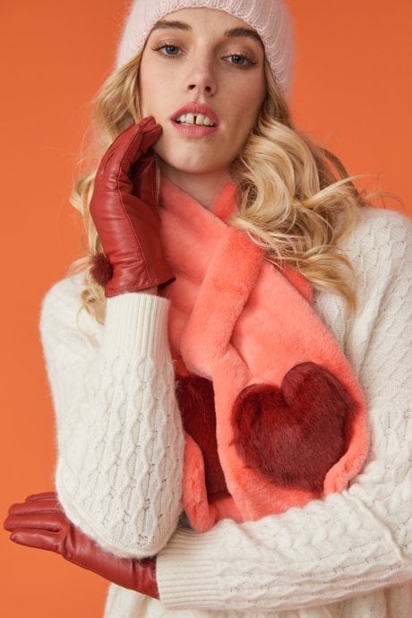 JAYLEY Orange Faux Fur Scarf With Heart Embellishments