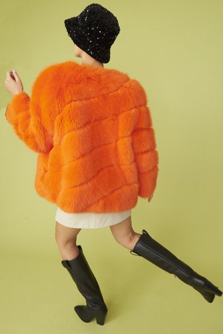 JAYLEY Orange Faux Fur Striped Gaga Coat