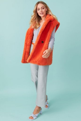 JAYLEY Orange Faux Shearling Midi Gilet | Waistcoat