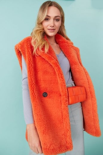 JAYLEY Orange Faux Shearling Midi Gilet | Waistcoat