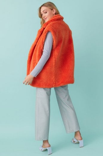 JAYLEY Orange Faux Shearling Midi Gilet | Waistcoat