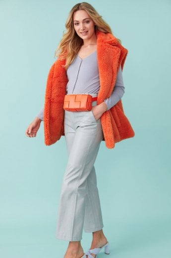 JAYLEY Orange Faux Shearling Midi Gilet | Waistcoat