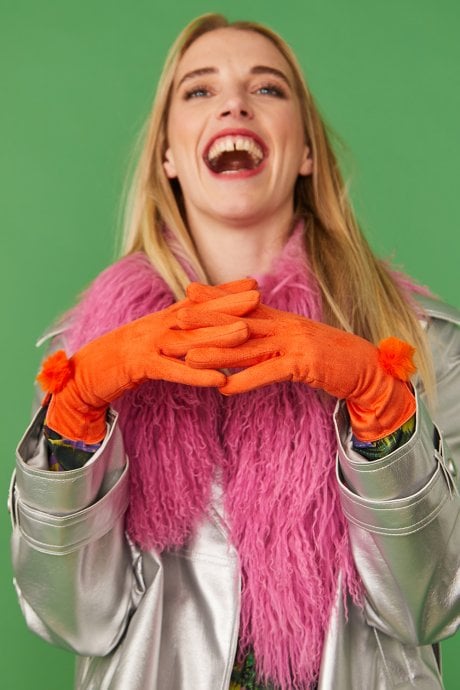 JAYLEY Orange Faux Suede Gloves With Faux Fur Pom