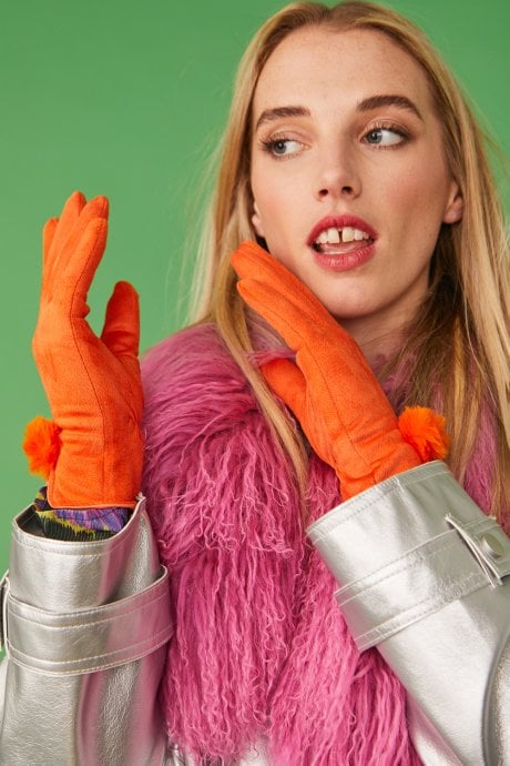 JAYLEY Orange Faux Suede Gloves With Faux Fur Pom