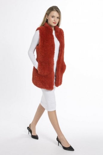 JAYLEY Orange Hand Knitted Faux Fur Gilet | Waistcoat