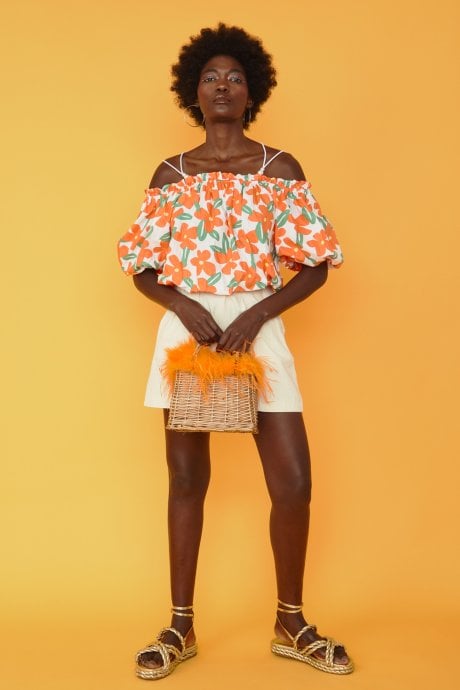 JAYLEY Orange Hand Made Salines Straw Bag with Ostrich Feather