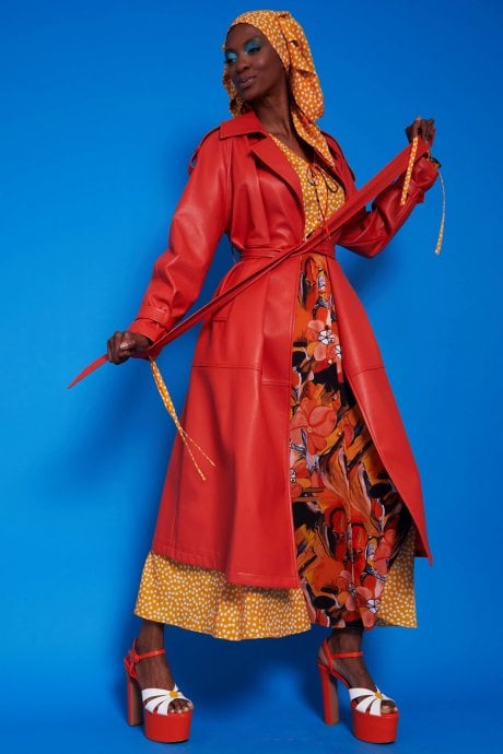 JAYLEY Orange Maxi Eco Leather Coat