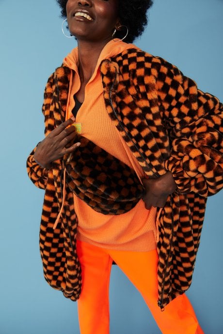 JAYLEY Orange Oversized Checkered Zip Coat