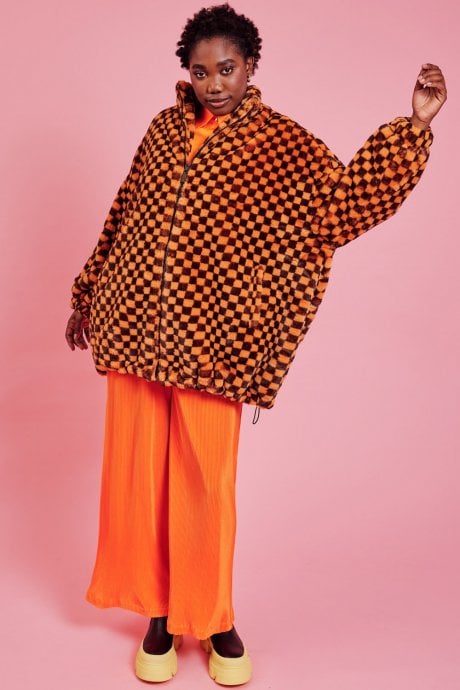 JAYLEY Orange Oversized Checkered Zip Coat