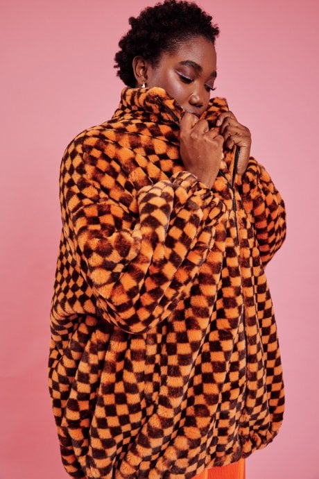 JAYLEY Orange Oversized Checkered Zip Coat