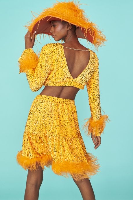 JAYLEY Orange Sequin Cropped Long Sleeve Top With Feather Trim