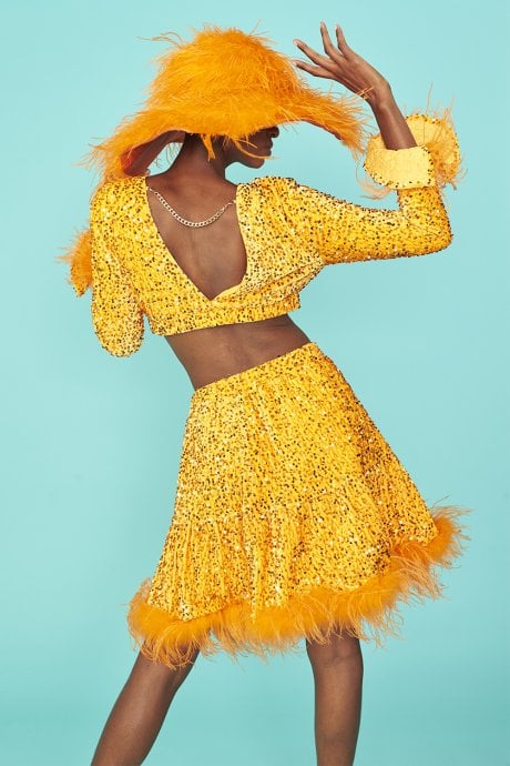 JAYLEY Orange Sequin Cropped Long Sleeve Top With Feather Trim