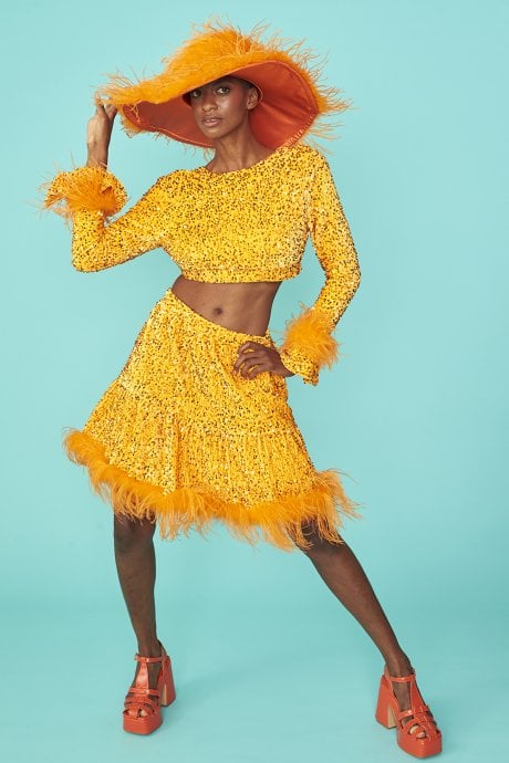 JAYLEY Orange Sequin Cropped Long Sleeve Top with Feather Trim