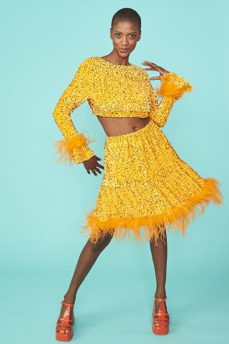 JAYLEY Orange Sequin Skater Skirt With Feather Trim