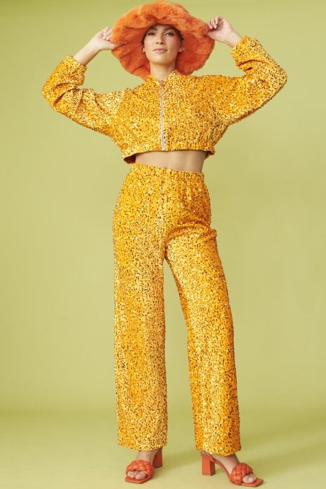 JAYLEY Orange Sequin Trousers With Elasticated Waste