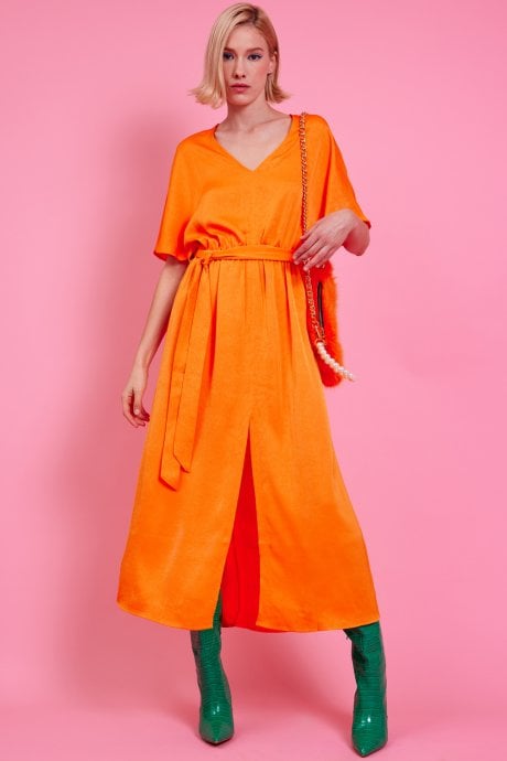 JAYLEY Orange Silk Blend Maxi Ruffle Dress