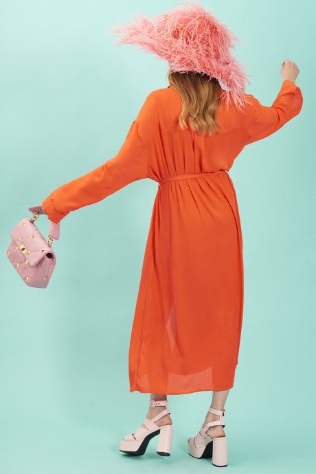 JAYLEY Orange Silk Blend Maxi Shirt Dress