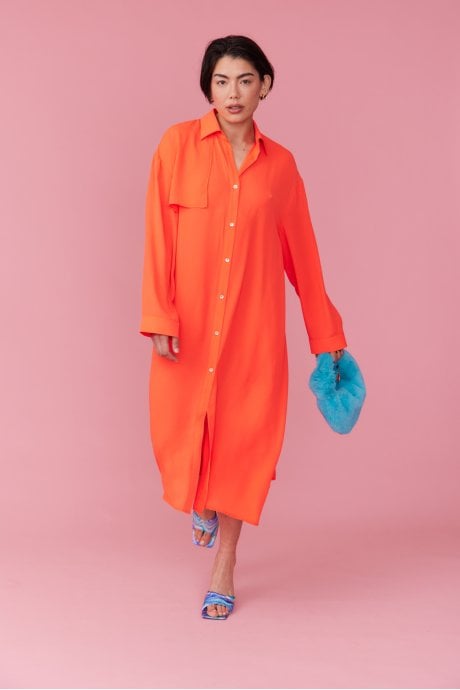 JAYLEY Orange Silk Blend Maxi Shirt Dress