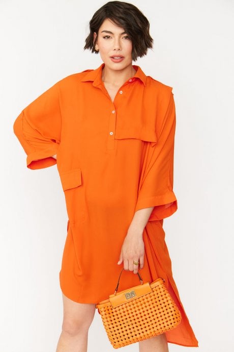 JAYLEY Orange Silk Blend Shirt Dress